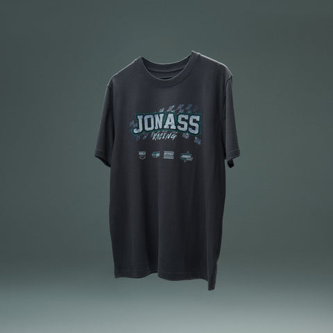 Dark gray t-shirt with racing-themed design for Pauls Jonass