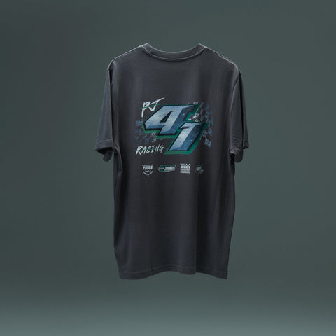 Dark gray t-shirt with racing-themed design for Pauls Jonass