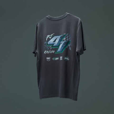 Dark gray t-shirt with racing-themed design for Pauls Jonass