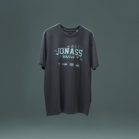Dark gray t-shirt with racing-themed design for Pauls Jonass 